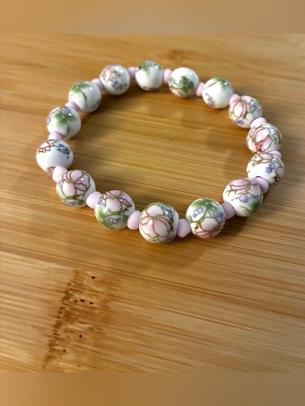 Handmade Floral Beaded Stretch Bracelet - Pink, Green, White